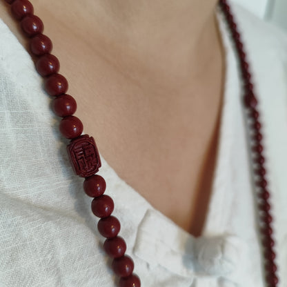 Collier en pierre rouge de Cinabre de Guizhou avec motif gravé, perle de 8mm
